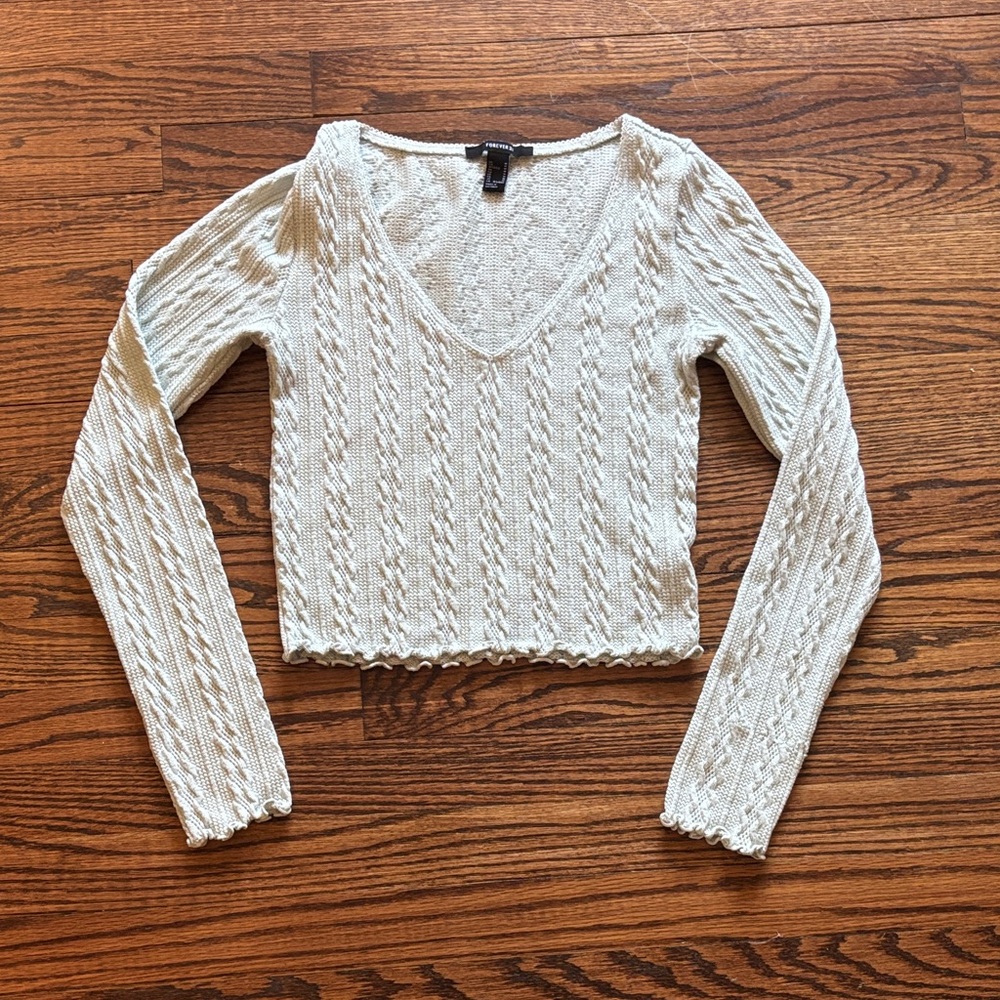Forever 21 Seafoam Cable Knit Cropped V-Neck Sweater, Size Medium